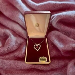 NIB Vintage 14K Gold Plated Red White Crystal Heart Pendant Necklace Jewelry